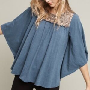 DELETTA Blue Beaded Batwing Cotton Top Size Small